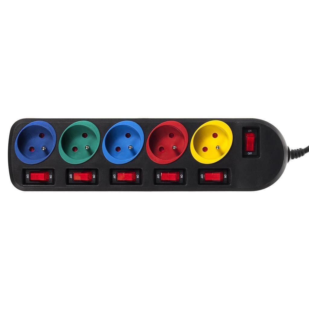 Cablu prelungitor Maclean MCE204M alimentare retea 1.5m cu 5 prize colorate 250V /10A , cu intrerupatoare,negru/rosu